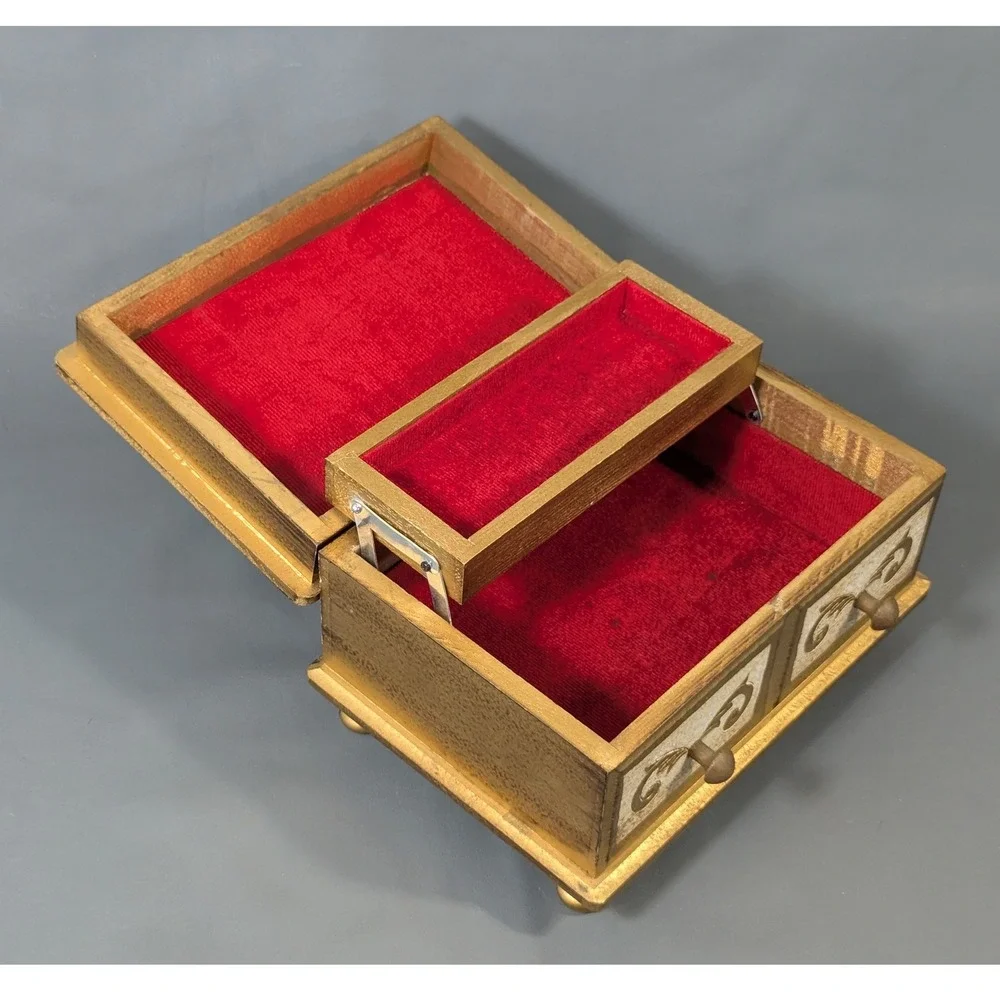 Vintage Gold Wood Jewelry Box Red Velvet Lined Cantilever Tray Scrollwork